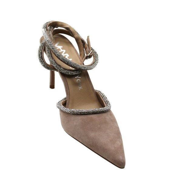 Vhny Womens Claudia Suede Pointed Toe Rhinestone Ankle Strap Wrap Heels Womens - Picture 3 of 16